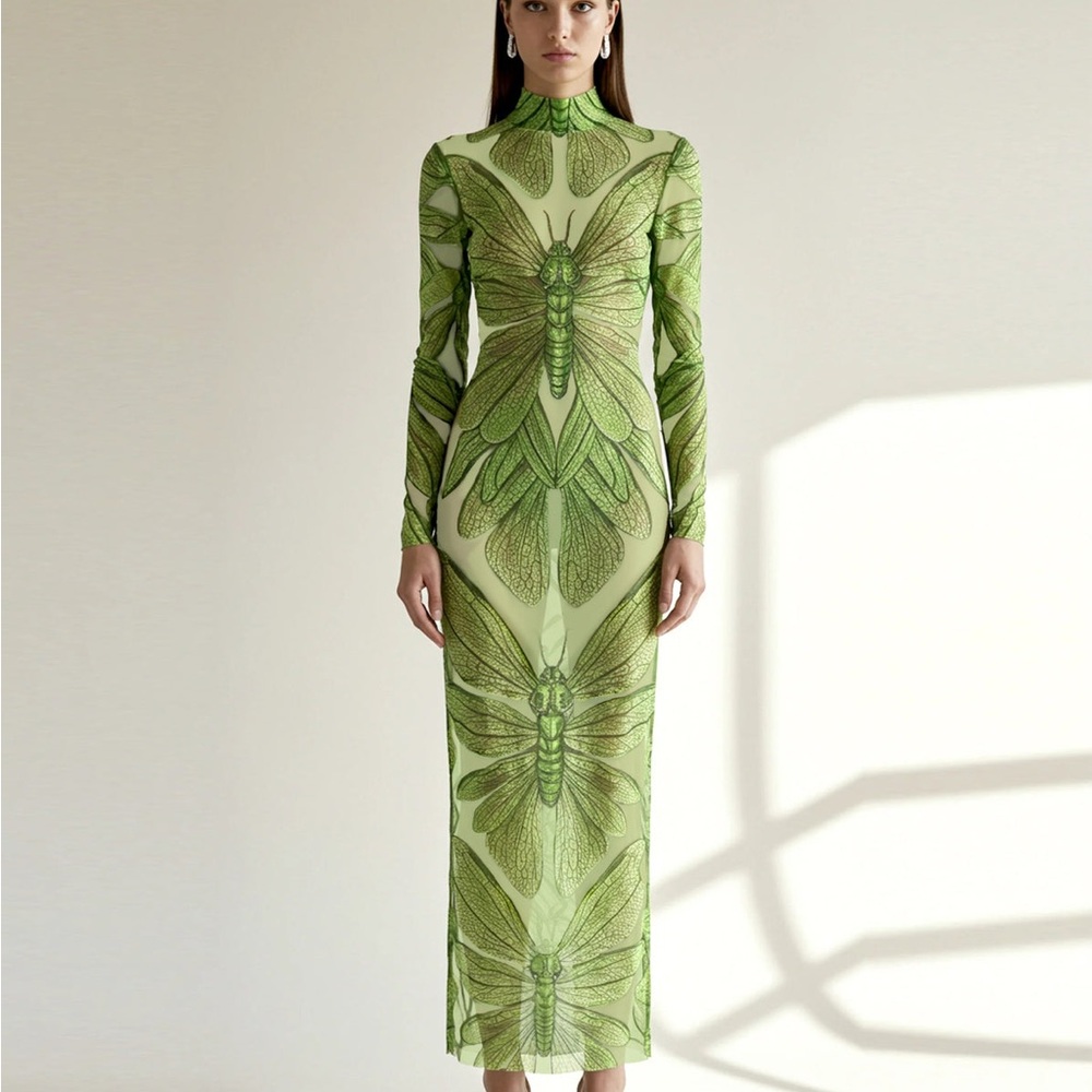 Emerald Dragonfly Sheer Mesh Gown